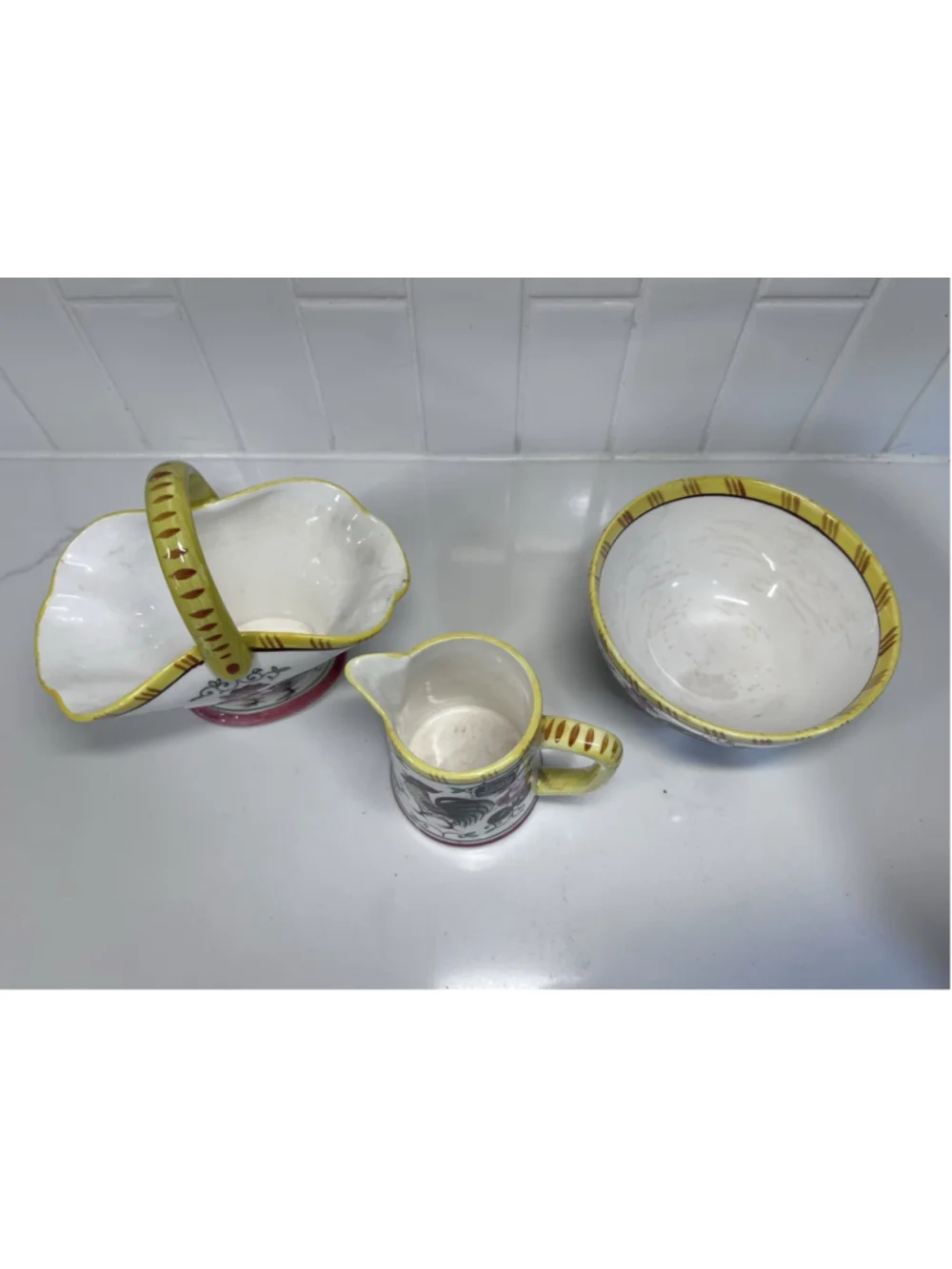 Vintage Ucagco Early Provincial Rooster And Roses Pitcher Basket & Bowl